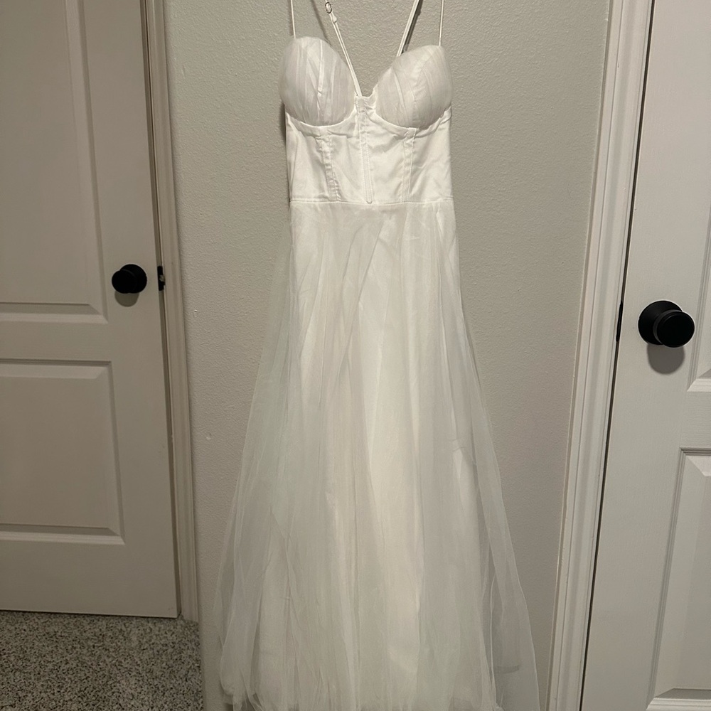 Selfie Leslie White Midi Dress with Spaghetti Straps